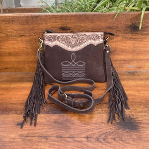 Sac à main en cuir de vachette bohème pour femme usiné à la main en cuir suédé botte point frange sac à bandoulière fermeture éclair véritable sac à main de Style occidental - Product Image 3