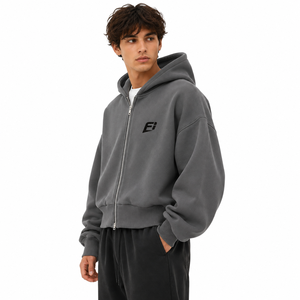 Men's Hoodies Wholesale Gray Oversized Hooded Zip-Up Sweatshirt Cotton Fleece Casual Autumn Wear Front Logo Print Regular Fit - Product Image 4