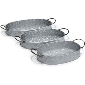 Juego de 3 bandejas ovaladas de metal galvanizado con borde acanalado, bandeja para servir comida y bebidas estilo rústico, bandeja para servir bocadillos hecha a mano - Product Image 5