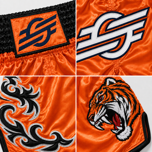 Shorts de MMA orange avec imprimé tigre, logo frontal imprimé par transfert thermique, unisexe, coupe athlétique pour adulte, séchage rapide, vêtements légers pour la boxe - Product Image 6