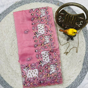 Sari de soirée – Broderie multicolore avec bordure ajourée et chemisier Lotus - Product Image 1
