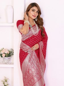 Women's <b>Red</b> <b>Silk</b> Saree With Silver Border And Blouse For Wedding Occasion Traditional Indian Wear - Product Image 4