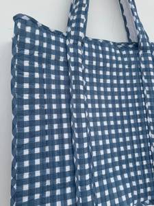 Sac fourre-tout en coton à carreaux bleus, fermeture éclair supérieure, longues poignées, sac de shopping pour femmes, toutes saisons, style minimaliste, voyage et quotidien - Product Image 5