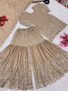 Elegant Beige Silk Sharara Set With Heavy Embroidery And Dupatta For Women Wedding Wear Traditional Indian Pakistani Style - Product Image 2
