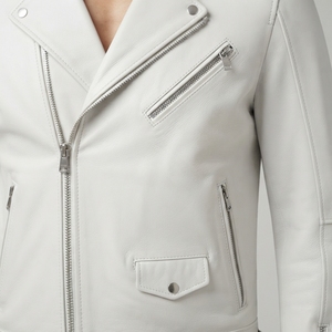 Chaqueta de Moto de Cuero PU Blanca para Hombre, Corte Ajustado, Cuello Camisero, Cierre de Cremallera, Manga Regular, Estilo Otoñal - Product Image 5