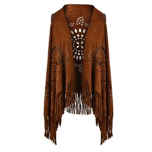 Chal de gamuza marrón para mujer con flecos y diseño floral, poncho largo estilo bohemio para uso diario en otoño - Product Image 2