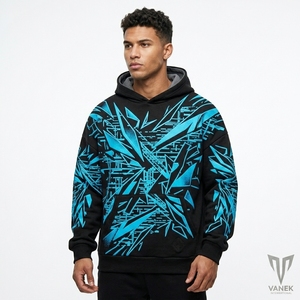 Sweat-shirt décontracté surdimensionné pour homme, noir, imprimé géométrique bleu, imprimé par sublimation, tricoté, 100% coton, vêtements d'hiver - Product Image 1