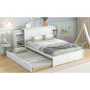 Letto a piattaforma bianco full size con contenitore, ripiani estraibili e letto estraibile singolo per bambini - Product Image 6