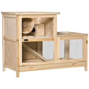 Gabbia Moderna per Criceti a 2 Piani in Legno con Ruota, Vassoio Scorrevole e Scala, Casetta per Piccoli Animali Domestici in Legno Naturale - Product Image 1