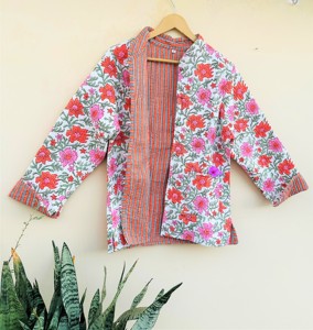 Beautiful Peach Floral 100% Cotton Handmade Reversible <b>Light</b> <b>Weight</b> Quilted Short <b>Jacket</b>,WomenWear NewStyle Coat PartywearJacket - Product Image 4