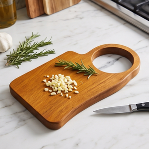 Tabla de cortar profesional de madera de teca con mango circular grande, tabla de cortar de madera con forma única para servir en la cocina. - Product Image 4