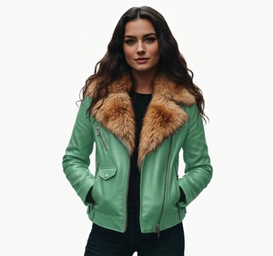 Blouson bomber tendance pour femme en cuir véritable avec col en fourrure, coupe-vent d'hiver, épais, manches longues, longueur standard, vêtement de mode - Product Image 6