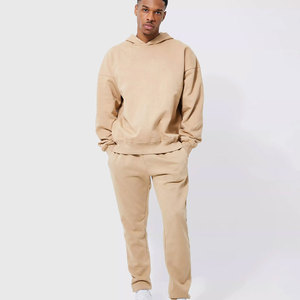 Ensemble sweat-shirt à capuche et pantalon de jogging unisexe beige, couleur unie, coupe décontractée, poches latérales, poids moyen, 100% coton - Product Image 1