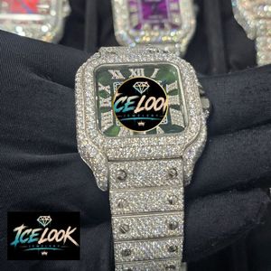Montre de luxe Ice Look en acier inoxydable à quartz, cadran carré, chiffres romains, lunette en cristal, affichage de la date verte, étanche, 20 mm, tendance - Product Image 4