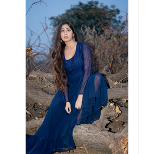 Ensemble Anarkali bleu à paillettes en tissu mousseline, tenue de soirée ethnique pour femmes, idéal pour les mariages et les fêtes - Product Image 5