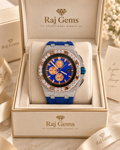Reloj Cronógrafo de Lujo Raj Gems con Bisel de Diamantes Azules, Caja de Acero Inoxidable, Resistente al Agua 10 Bar, Correa de Silicona, Reloj de Cuarzo para Hombre - Product Image 1