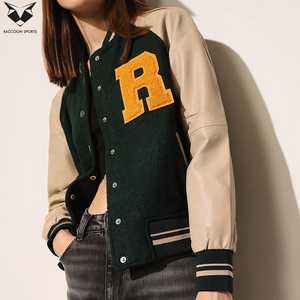 Women's Varsity Jacket Full Sleeve Button Up Collar Solid Color Contrast Trim Regular Fit Embroidered Letter Front Autumn Wear - Product Image 3