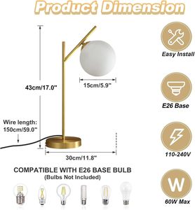 Luxury Contemporary Brass Glass Ball Table Lamp with Milk <b>White</b> Shade 1 Light <b>Bedside</b> Nightstand Lamp for Bedroom Living Room - Product Image 6