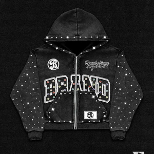 Sudadera con capucha de alta calidad personalizada para hombre, bordada, de peso pesado, con cremallera, para ropa deportiva, con pedrería termoadhesiva, efecto desgastado por el sol y lavado ácido - Product Image 1
