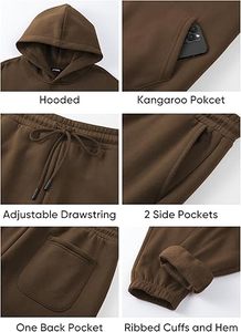 Unisex Brown Hooded <b>Tracksuit</b> Set Solid Color Cotton Full Length Casual Wear With Side Pockets Drawstring Closure Autumn Style - Product Image 3