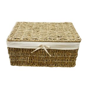 Wicker SEAGRASS <b>STORAGE</b> <b>BASKET</b> <b>Storage</b> <b>Basket</b> with Lid Cotton Liner and Metal Frame Design - Product Image 1