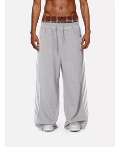 Pantalones Deportivos Holgados de Doble Cintura Tejidos Estilo Vintage para Hombre, Pantalones Deportivos Unisex con Parches a Cuadros, Casuales y a la Moda - Product Image 1