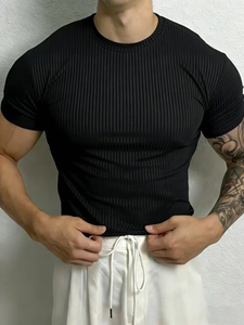 Camiseta de Manga Corta para Hombre, Negra, Acanalada, Corte Ajustado, Cuello Redondo, Tejido de Punto, Color Sólido, Transpirable, 100% Algodón, Ecológica, Excelente - Product Image 1