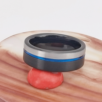 Bague en carbure de tungstène noir avec rainure bleue décentrée et incrustation argentée brossée, alliance pour homme, bijoux sportifs en gros
