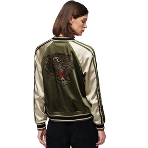 Women Varsity <b>Jacket</b> Olive Green Satin Embroidered Birds Full Sleeve Zipper Front Regular Fit Autumn Style - Product Image 2