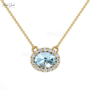 Trending Products Oval Cut 7x5mm Aquamarine & Diamond Halo Necklace 14k Solid Gold <b>Link</b> Chain Necklace Top Wholesale Suppliers - Product Image 1