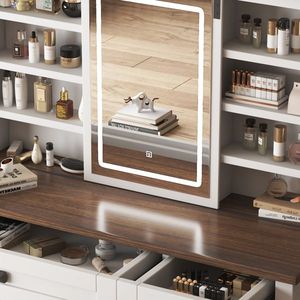 Farmhouse Makeup Vanity Desk with Multilayer Storage Shelves Sliding Mirror Lights Hairdryer Holder Charging Socket - Product Image 5