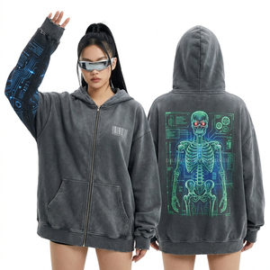 Sweat à capuche zippé pour femme, couleur anthracite délavé, avec motif squelette d'aigle, en molleton épais effet vieilli, vêtement d'extérieur, personnalisable en usine - Product Image 5