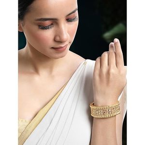 Gold Plated Cuff <b>Bracelet</b> Women's Vintage Geometric Design <b>Ruby</b> Bezel Setting Wedding Jewelry Alloy Bangle - Product Image 2