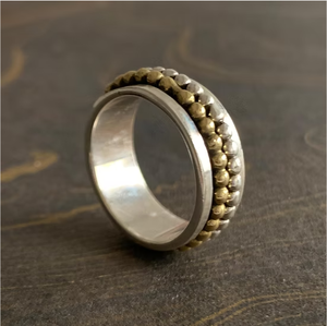 Two Tone 925 <b>Silver</b> <b>Spinner</b> <b>Ring</b> Handmade Textured Beaded Meditation Smooth Rotating Band Everyday Wear - Product Image 2