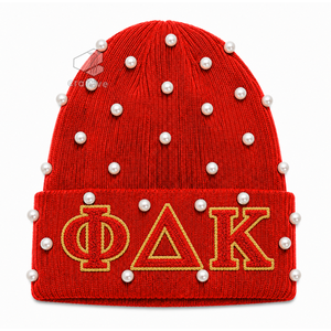 Bonnet en tricot pour femme NSPDK Sorority, orné de perles rouges, broderie chenille avec lettres grecques, chapeau d'hiver décontracté - Product Image 1