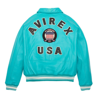 Blouson aviateur en cuir turquoise pour homme Avirex, avec patch brodé, fermeture éclair sur le devant, col rond, style décontracté, imperméable, style HIGH STREET