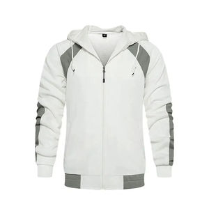 <b>Men's</b> <b>White</b> Hooded Zip-Up Tracksuit <b>Jacket</b> Gray Color Blocking Full Sleeve Casual Wear Winter Style Comfortable 100% Cotton - Product Image 2