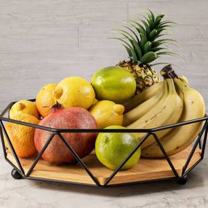 Corbeille à fruits en métal noir avec base en bois, bol à fruits décoratif, organisateur de rangement pour comptoir de cuisine, table à manger, décoration intérieure - Product Image 2
