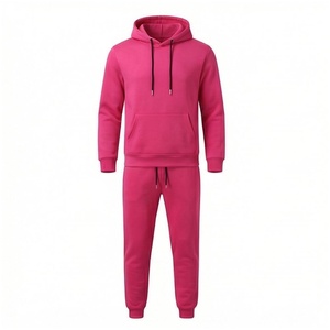 Ensemble de survêtement unisexe rose à capuche, manches longues, couleur unie, coupe décontractée, respirant, 100 % coton, avec cordon de serrage, idéal pour l'automne - Product Image 1