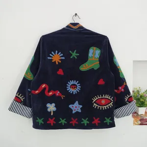Veste bohème en velours bleu <span class=keywords><strong>marine</strong></span> brodée Suzani pour <span class=keywords><strong>femme</strong></span>, col montant, faite à la main, art populaire coloré, manteau d'automne pour <span class=keywords><strong>femme</strong></span> - Product Image 5