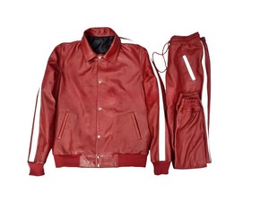 Custom <b>Men</b> Red Genuine Leather Tracksuit Set Two Piece <b>White</b> Side Stripe Snap Button <b>Jacket</b> Elastic Sweatpants Streetwear Casual - Product Image 2