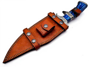 Couteau Bowie multifonctionnel de style Damas, fabriqué à la main, lame fixe, couteau utilitaire pour le camping en plein air, manche en bois bleu, étui en cuir - Product Image 3