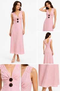 Vestido Maxi Casual de Lino y Algodón de Alta Calidad para Mujer, Sin Mangas, Cuello en V, Busto Fruncido, Largo, para Verano y Vacaciones - Product Image 2