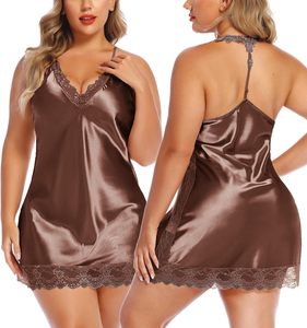 Chemise de nuit en satin pour femme, col halter, sans manches, avec dentelle, élégante, short de nuit, motif floral, décontractée, automne-été, couleur unie, douce - Product Image 4