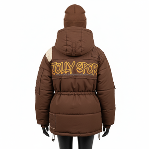 <b>Women</b> Premium 320 GSM Cotton Polyester Puffer <b>Jacket</b> Brown Tone With <b>Beige</b> Panels Embroidered CustomLogo Puffer <b>Jacket</b> for <b>women</b> - Product Image 2