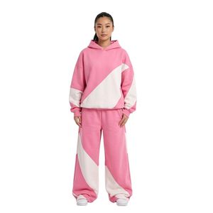 Conjunto Deportivo Casual para Mujer, Diseño Diagonal con Bloques de Color Rosa y Blanco, Hombros Caídos, Felpa de Algodón - Product Image 1