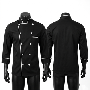 Mens <b>Chef</b> <b>Jacket</b> 250 GSM Soft Twill Fabric Black Long Sleeve <b>Chef</b> Coat <b>White</b> Piping Custom Printed Logo Design - Product Image 2