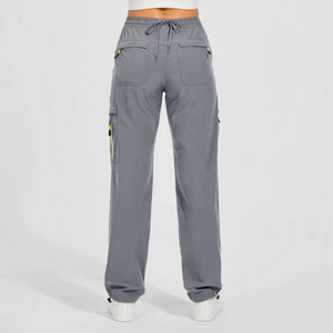 Pantalon cargo gris pour femme, taille mi-haute, cordon de serrage, coupe ample, longueur intégrale, plusieurs poches, style décontracté, pour le printemps - Product Image 2