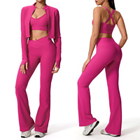 Ensemble de yoga respirant et à séchage rapide, grande taille, 2 pièces, en Spandex/Polyester haute élasticité, avec soutien-gorge de sport et pantalon évasé taille haute
