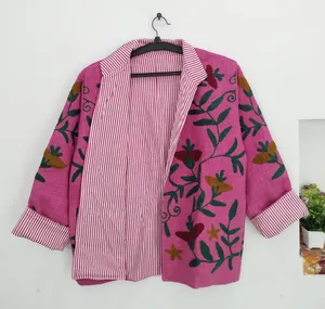 Chaqueta de Algodón TNT Suzani Fucsia Estilo Boho para Mujer, Bordado Floral Botánico, Reversible, Hecha a Mano, Estilo Vintage - Product Image 4